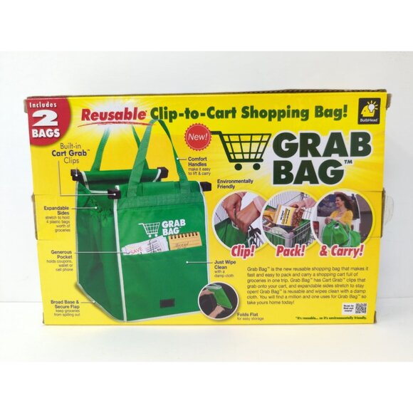 Grab Bag Set of 2 Reusable Shopping Bags Clip to Cart Grocery Pack and Carry - Picture 5 of 5